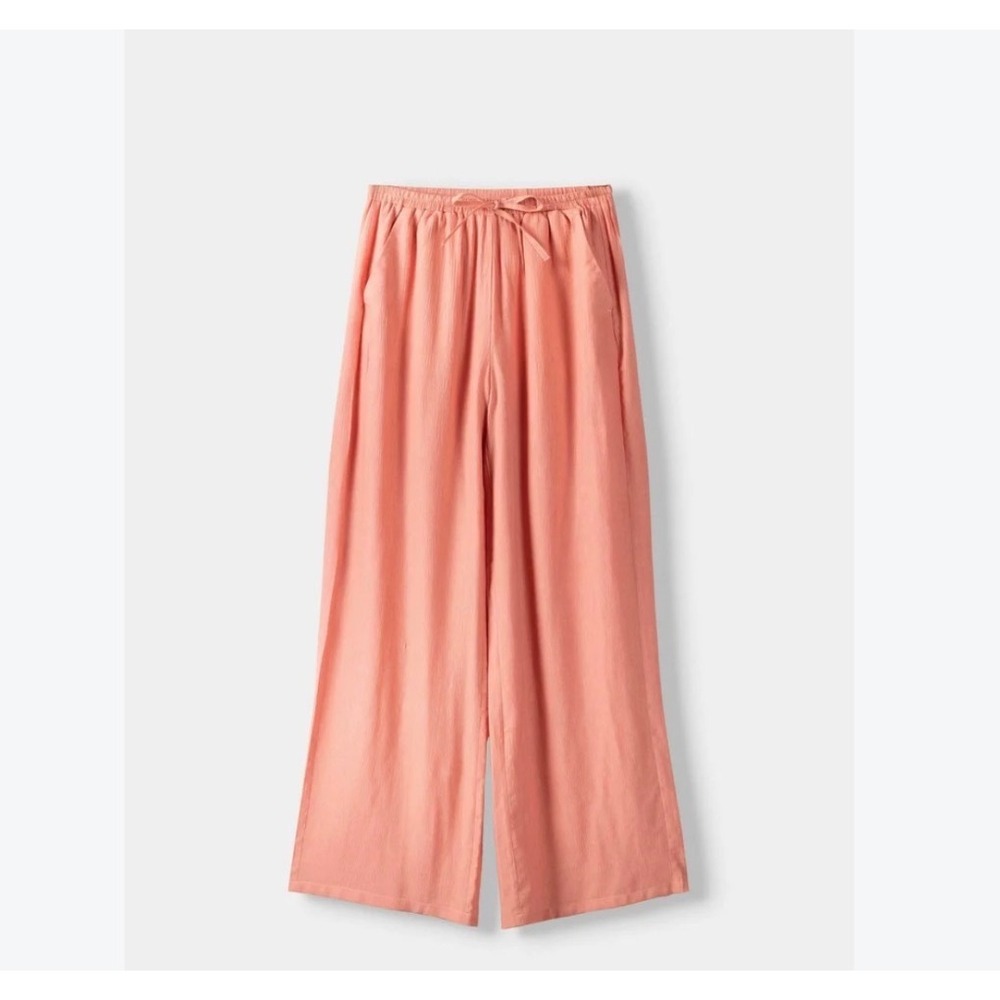 Bershka Wide Leg Crinkle Pants Terracotta Coral High Waist Drawstring Large